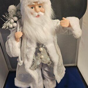 Vintage 16” Standing Santa Holding a Sack Wearing a White Jacket & Gray Vest